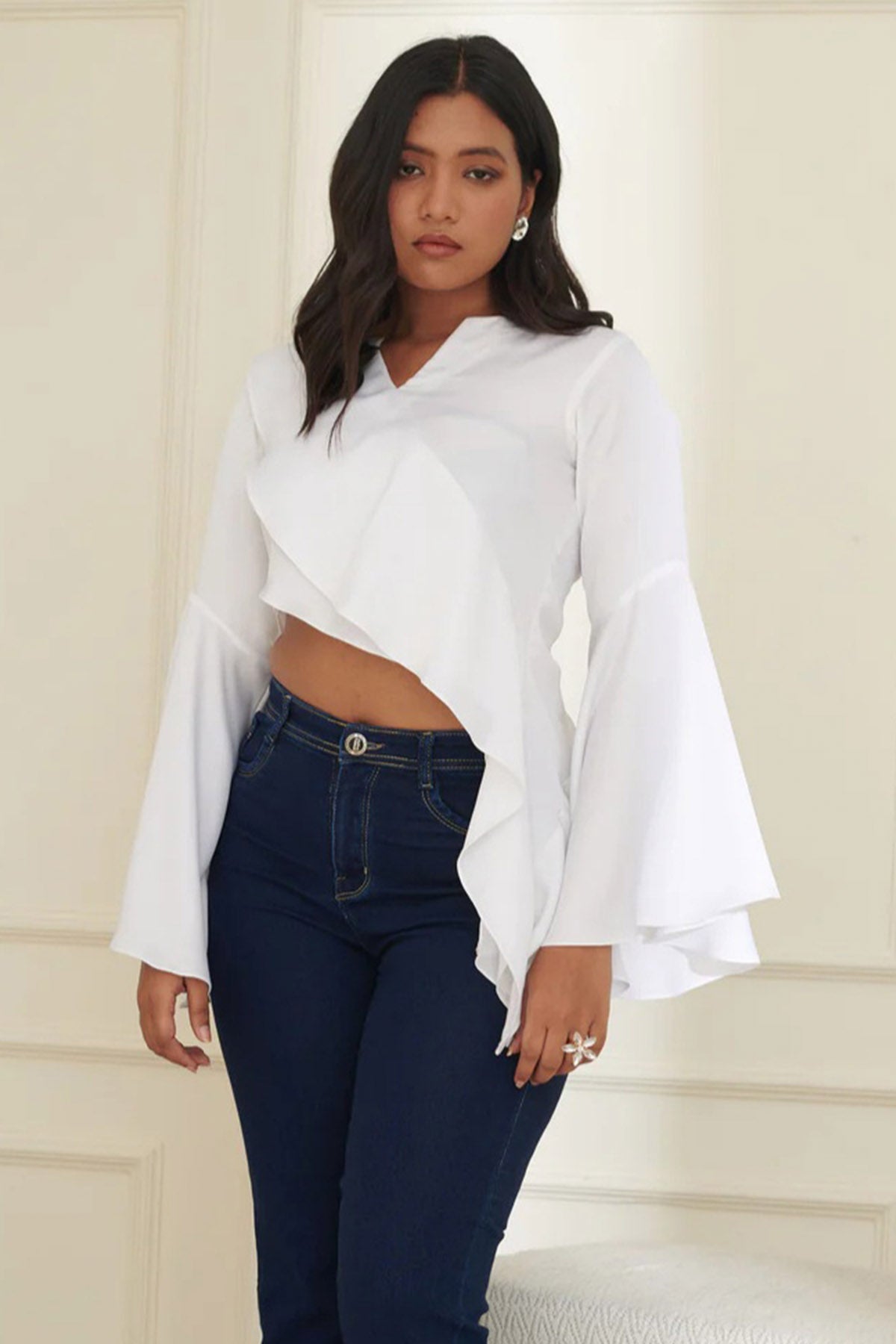 Buy White Asymmetric Frill Crop Top for women online available at ScrollnShops